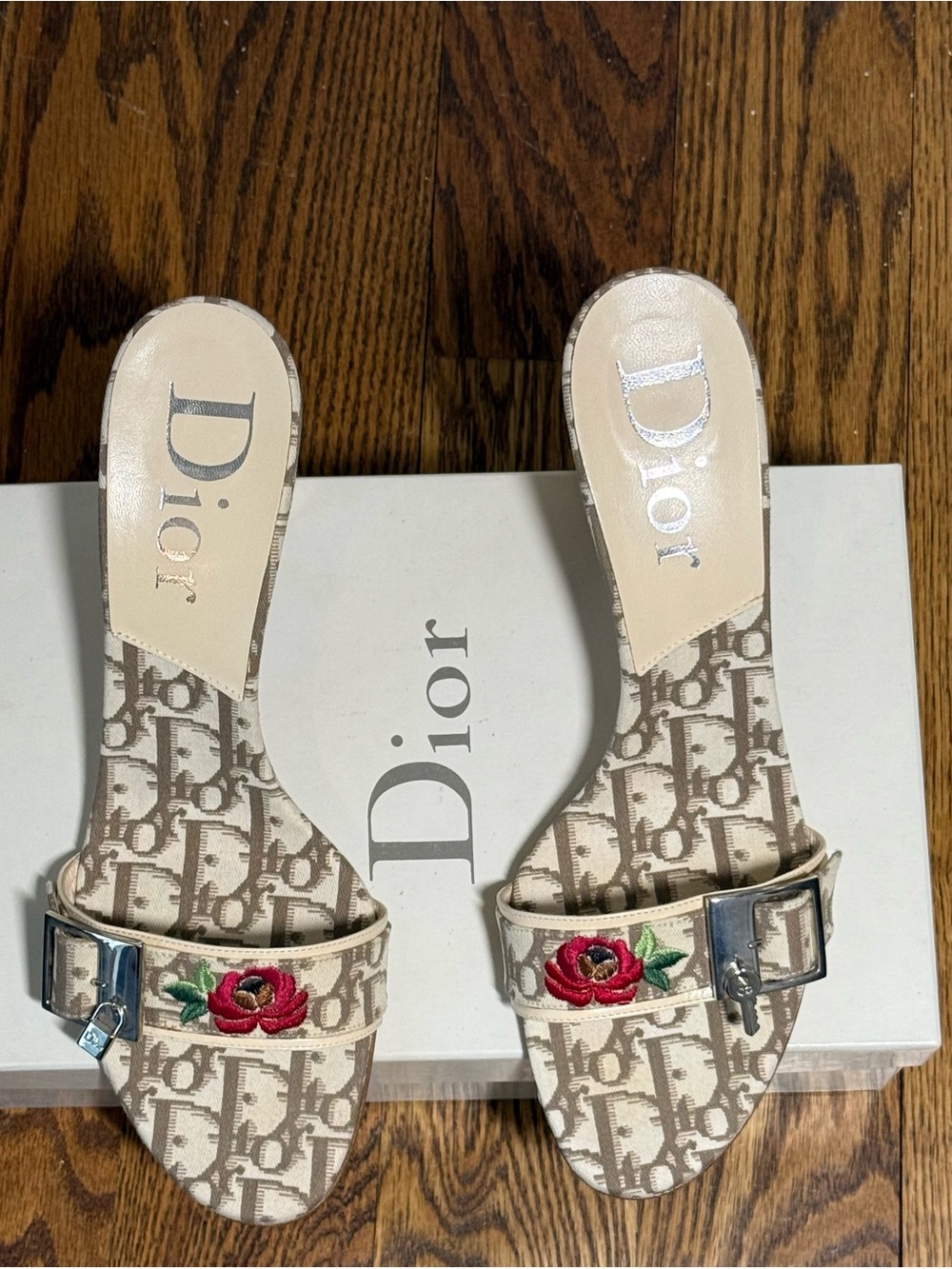 Dior Beige Monogram Mules with Red Rose Embroidery